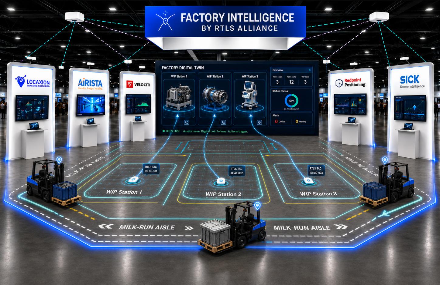 Factory Intelligence Pavilion floor showing live positioning vendor kiosks from LocaXion, Airista, Velociti, Redpoint Positioning, and SICK, a central factory digital twin wall tracking WIP stations, and forklifts carrying RTLS tags along a milk-run aisle